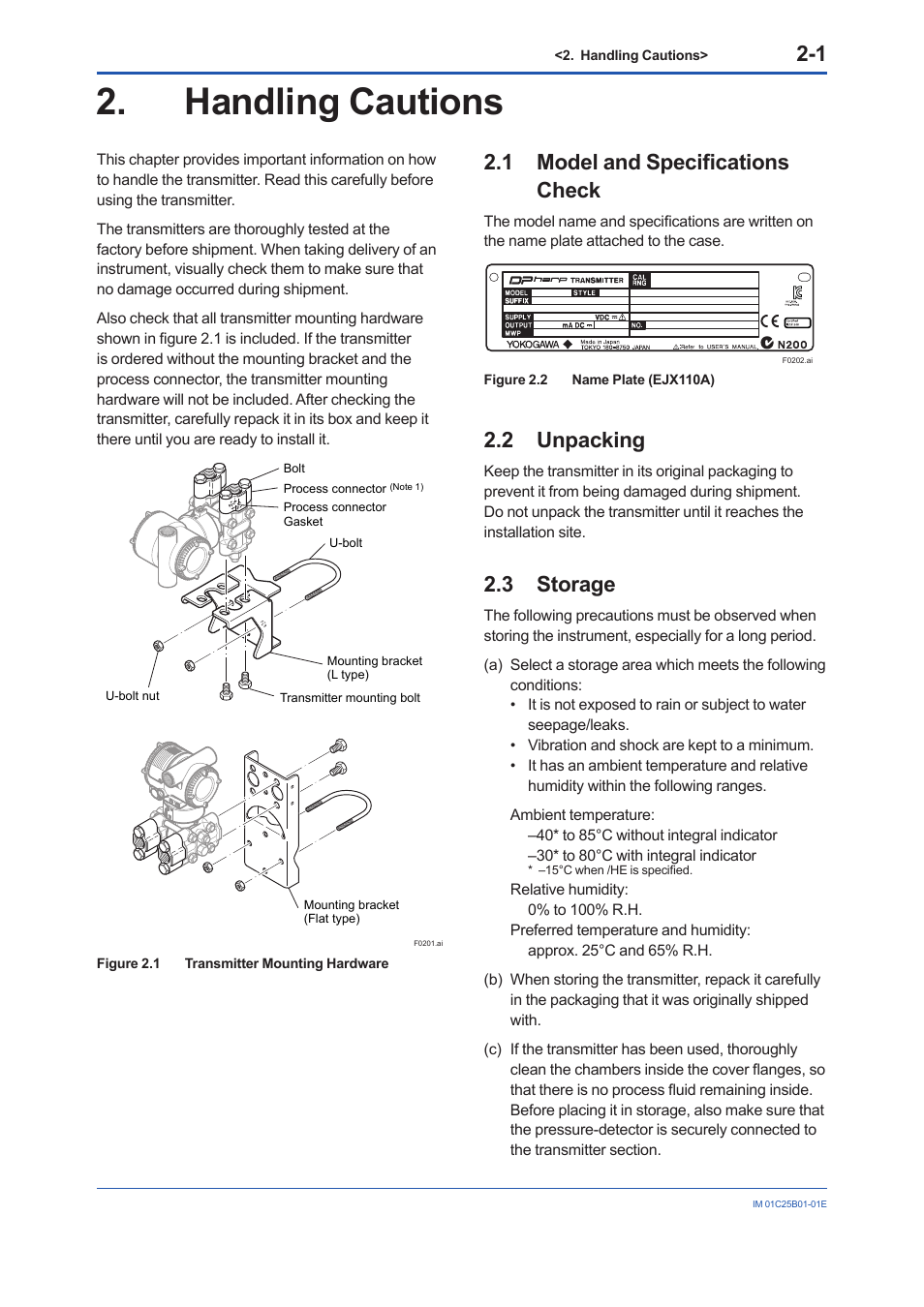 Handling cautions, 1 model and specifications check, 2 unpacking | 3 storage, Handling cautions -1, Model and specifications check -1, Unpacking -1, Storage -1 | Yokogawa EJX110A User Manual | Page 9 / 85