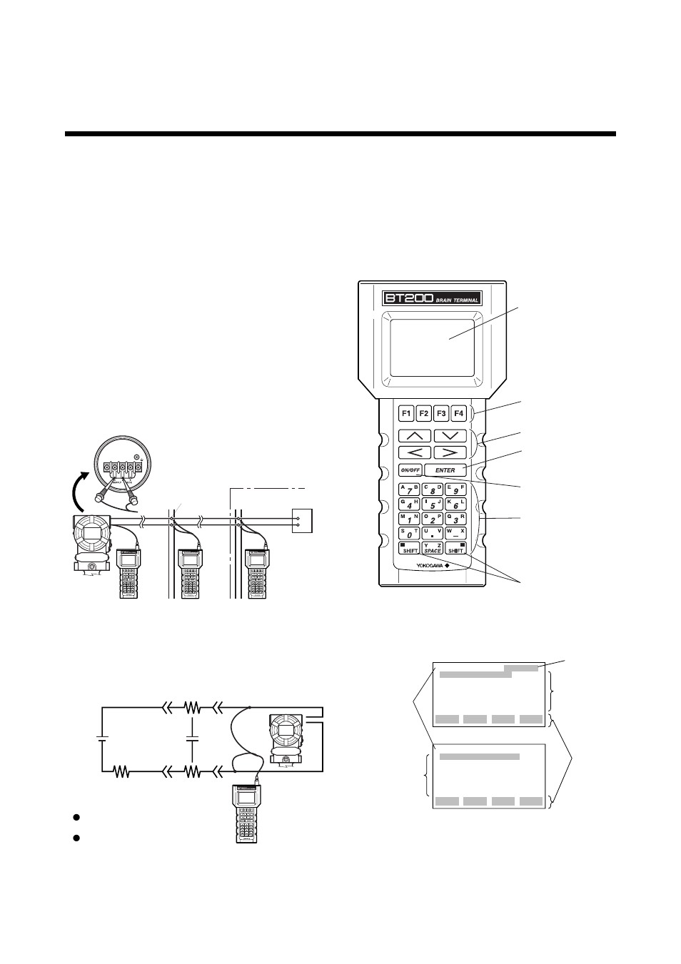 Brain terminal bt200 operation operation, 1 bt200 operation precautions, 1 connecting the bt200 | 2 conditions of communication line, 2 bt200 operating procedures, 1 key layout and screen display, Brain terminal bt200 operation | Yokogawa EJA118 User Manual | Page 30 / 76