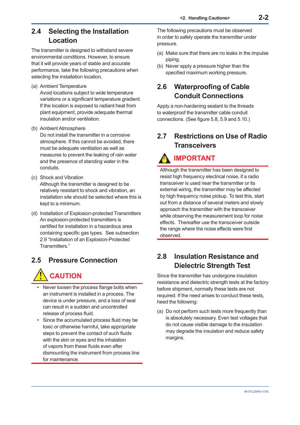 4 selecting the installation location, 5 pressure connection, 6 waterproofing of cable conduit connections | 7 restrictions on use of radio transceivers, Selecting the installation location -2, Pressure connection -2, Waterproofing of cable conduit connections -2, Restrictions on use of radio transceivers -2, 5 pressure connection caution | Yokogawa EJX118A User Manual | Page 10 / 64