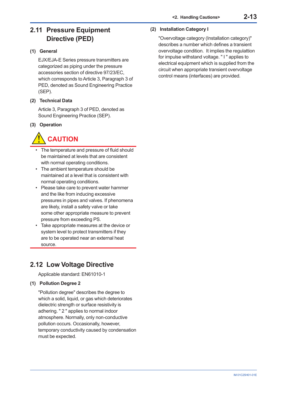 11 pressure equipment directive (ped), 12 low voltage directive, Pressure equipment directive (ped) -13 | Low voltage directive -13, Caution | Yokogawa EJX118A User Manual | Page 21 / 64