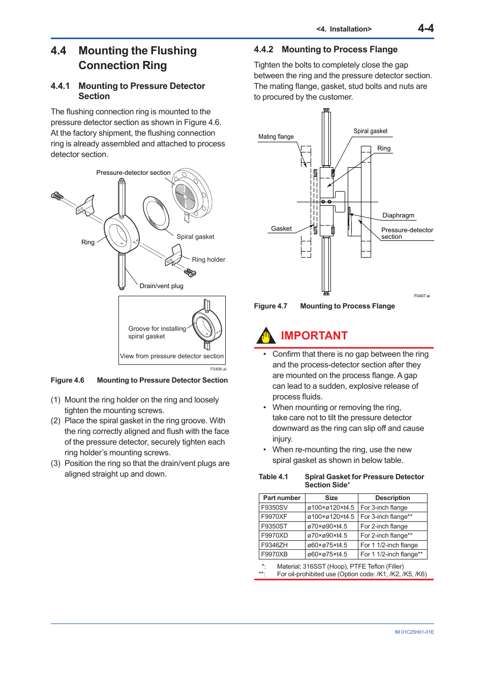 4 mounting the flushing connection ring, 1 mounting to pressure detector section, 2 mounting to process flange | Mounting the flushing connection ring -4 4.4.1, Mounting to pressure detector section -4, Mounting to process flange -4, Important | Yokogawa EJX118A User Manual | Page 26 / 64