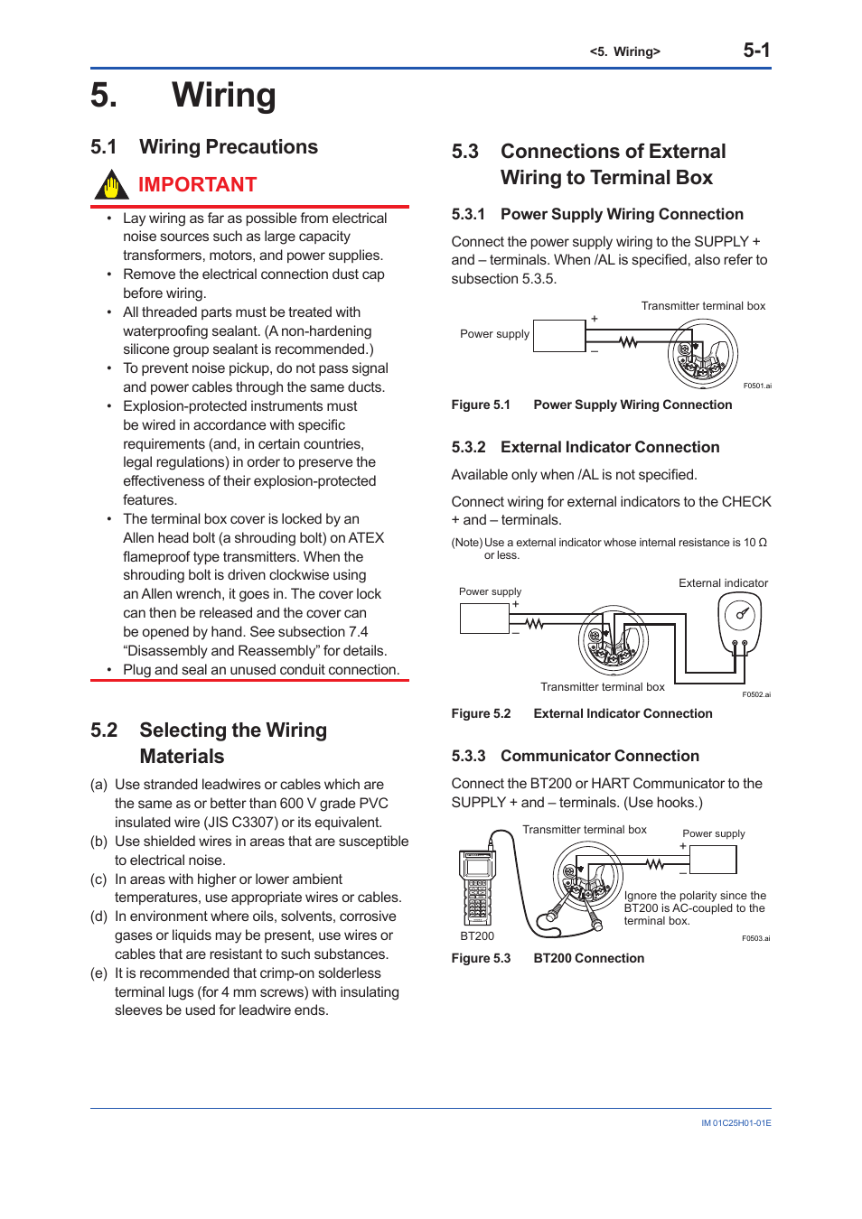 Wiring, 1 wiring precautions, 2 selecting the wiring materials | 3 connections of external wiring to terminal box, 1 power supply wiring connection, 2 external indicator connection, 3 communicator connection, Wiring -1, Wiring precautions -1, Selecting the wiring materials -1 | Yokogawa EJX118A User Manual | Page 28 / 64