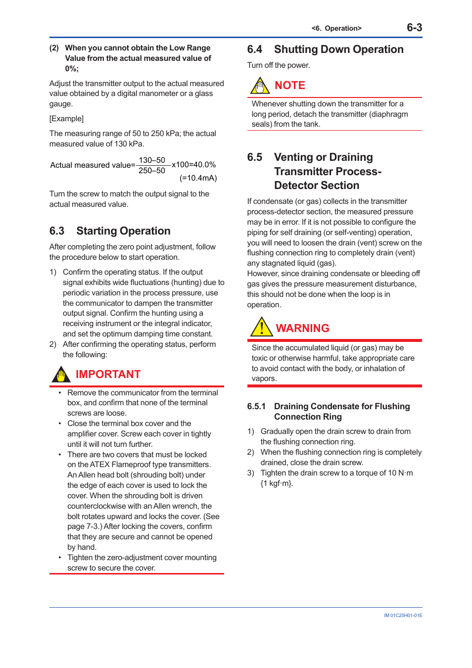 3 starting operation, 4 shutting down operation, 1 draining condensate for flushing connection ring | Starting operation -3, Shutting down operation -3, Important, Warning | Yokogawa EJX118A User Manual | Page 33 / 64