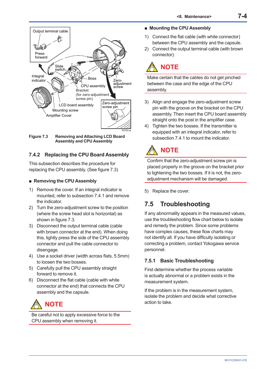 2 replacing the cpu board assembly, 5 troubleshooting, 1 basic troubleshooting | Replacing the cpu board assembly -4, Troubleshooting -4 7.5.1, Basic troubleshooting -4 | Yokogawa EJX118A User Manual | Page 39 / 64