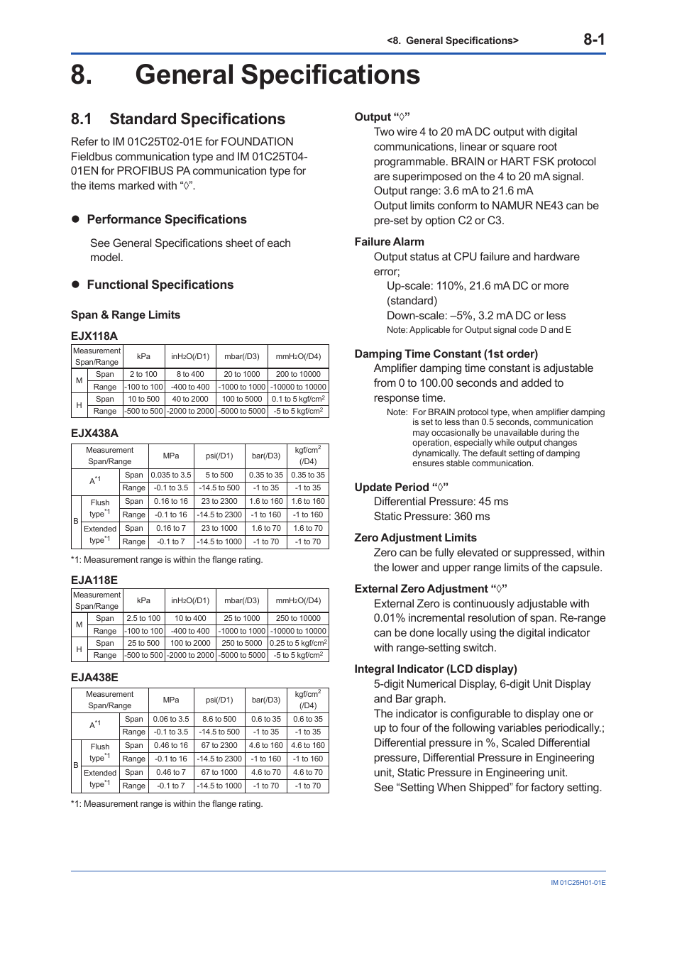 General specifications, 1 standard specifications, General specifications -1 | Standard specifications -1, Performance specifications, Functional specifications, See general specifications sheet of each model, Span & range limits ejx118a, Ejx438a, Eja118e | Yokogawa EJX118A User Manual | Page 43 / 64