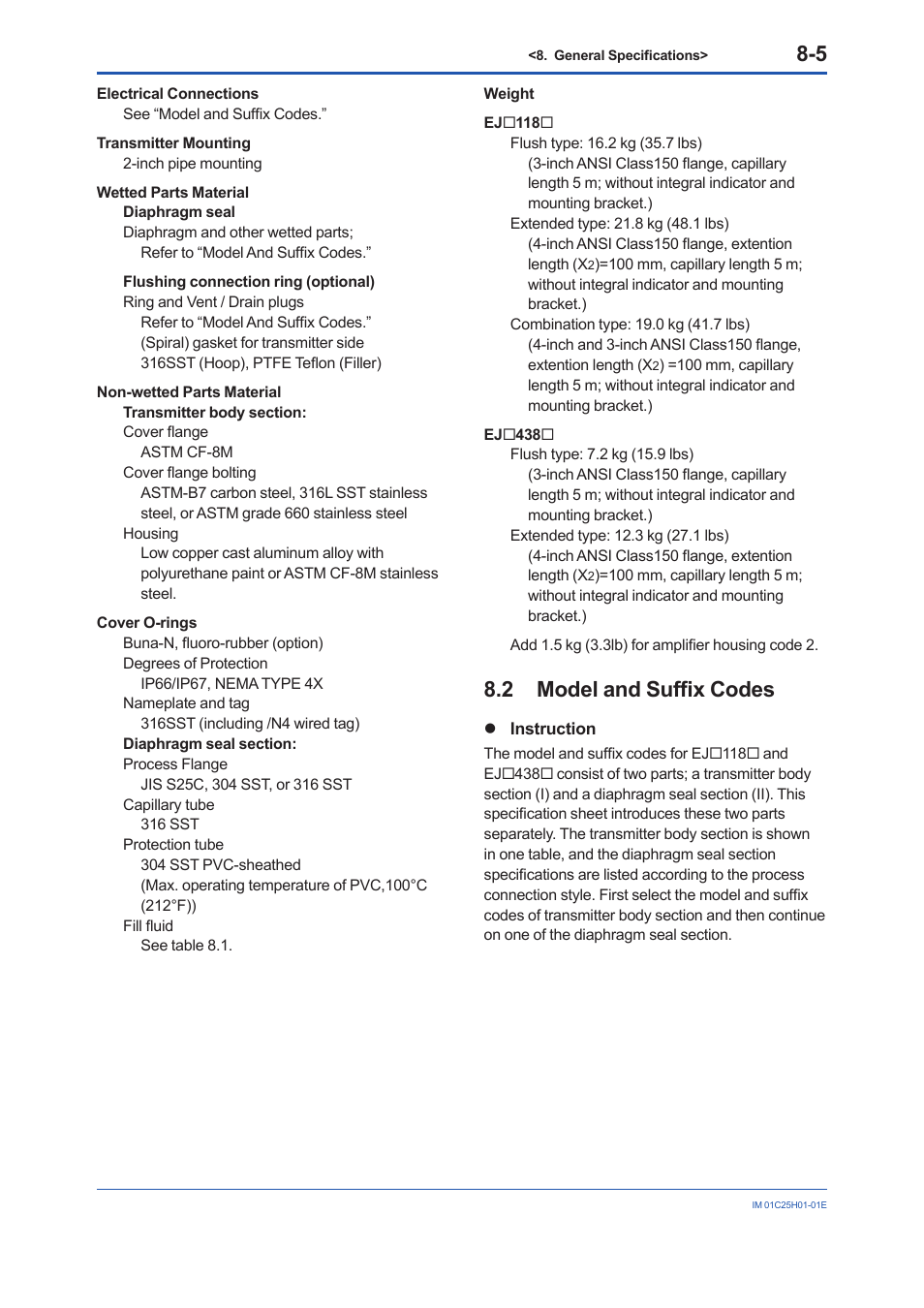 2 model and suffix codes, Model and suffix codes -5 | Yokogawa EJX118A User Manual | Page 47 / 64