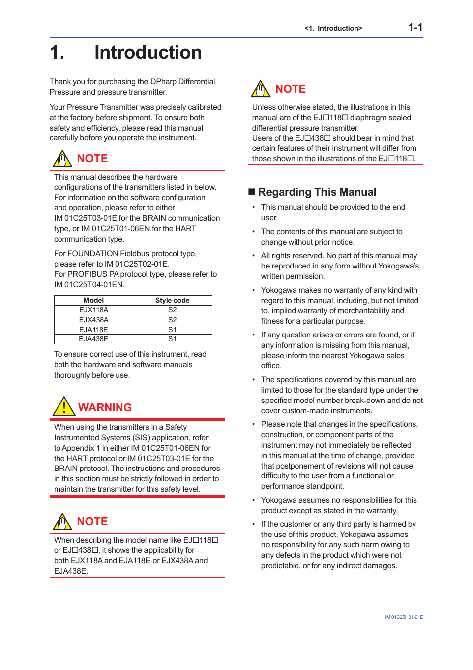 Introduction, Regarding this manual, Introduction -1 | Regarding this manual -1, Warning | Yokogawa EJX118A User Manual | Page 5 / 64