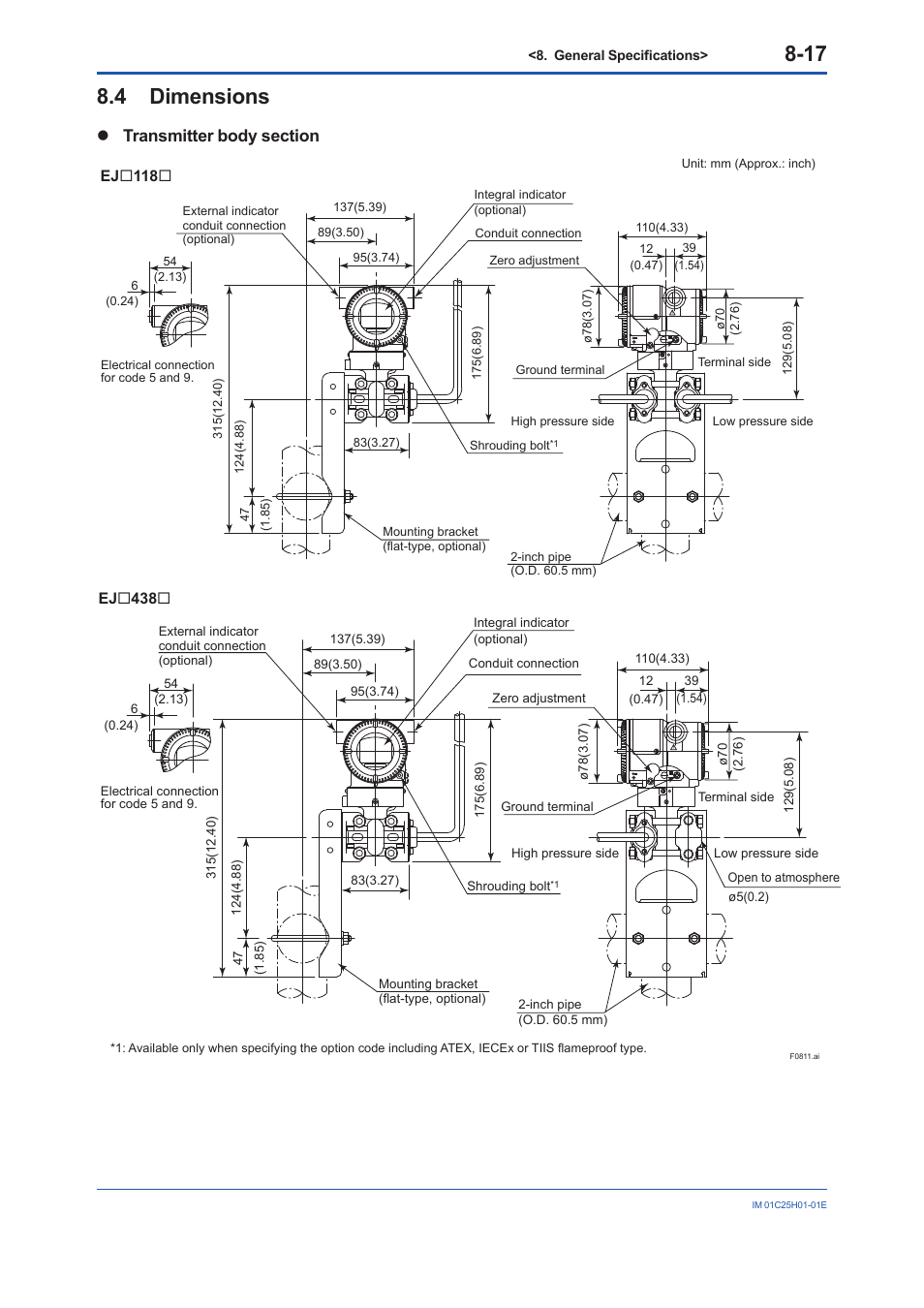 4 dimensions, Dimensions -17 | Yokogawa EJX118A User Manual | Page 59 / 64