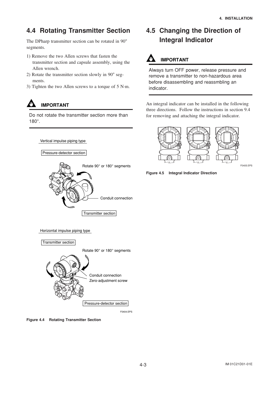 4 rotating transmitter section, 5 changing the direction of, Rotating transmitter section -3 | Changing the direction of integral indicator -3, 5 changing the direction of integral indicator | Yokogawa EJA310A User Manual | Page 23 / 78