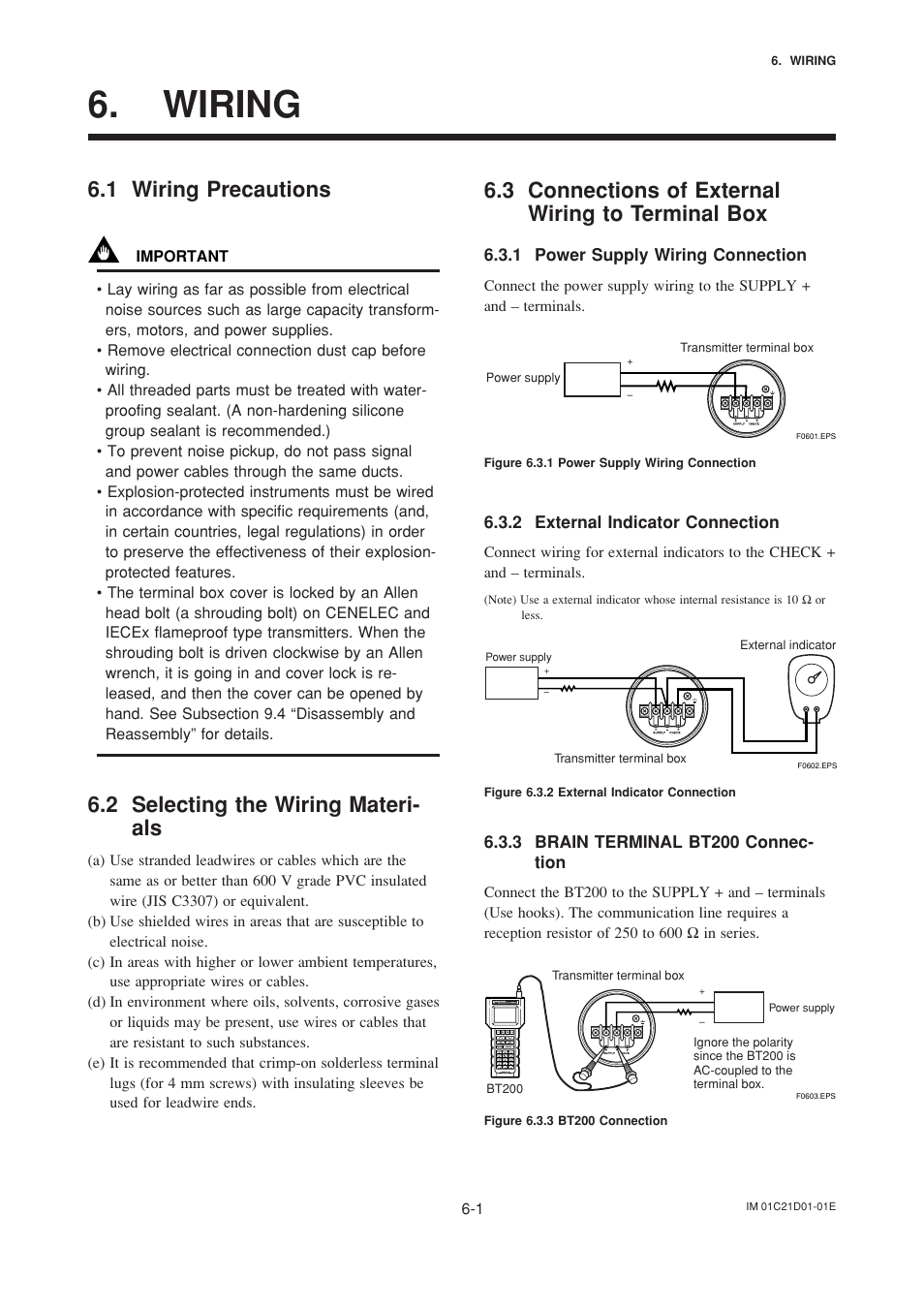 Wiring, 1 wiring precautions, 2 selecting the wiring materials | 3 connections of external wiring to terminal box, 1 power supply wiring connection, 2 external indicator connection, 3 brain terminal bt200 connection, Wiring -1, Wiring precautions -1, Selecting the wiring materials -1 | Yokogawa EJA310A User Manual | Page 26 / 78