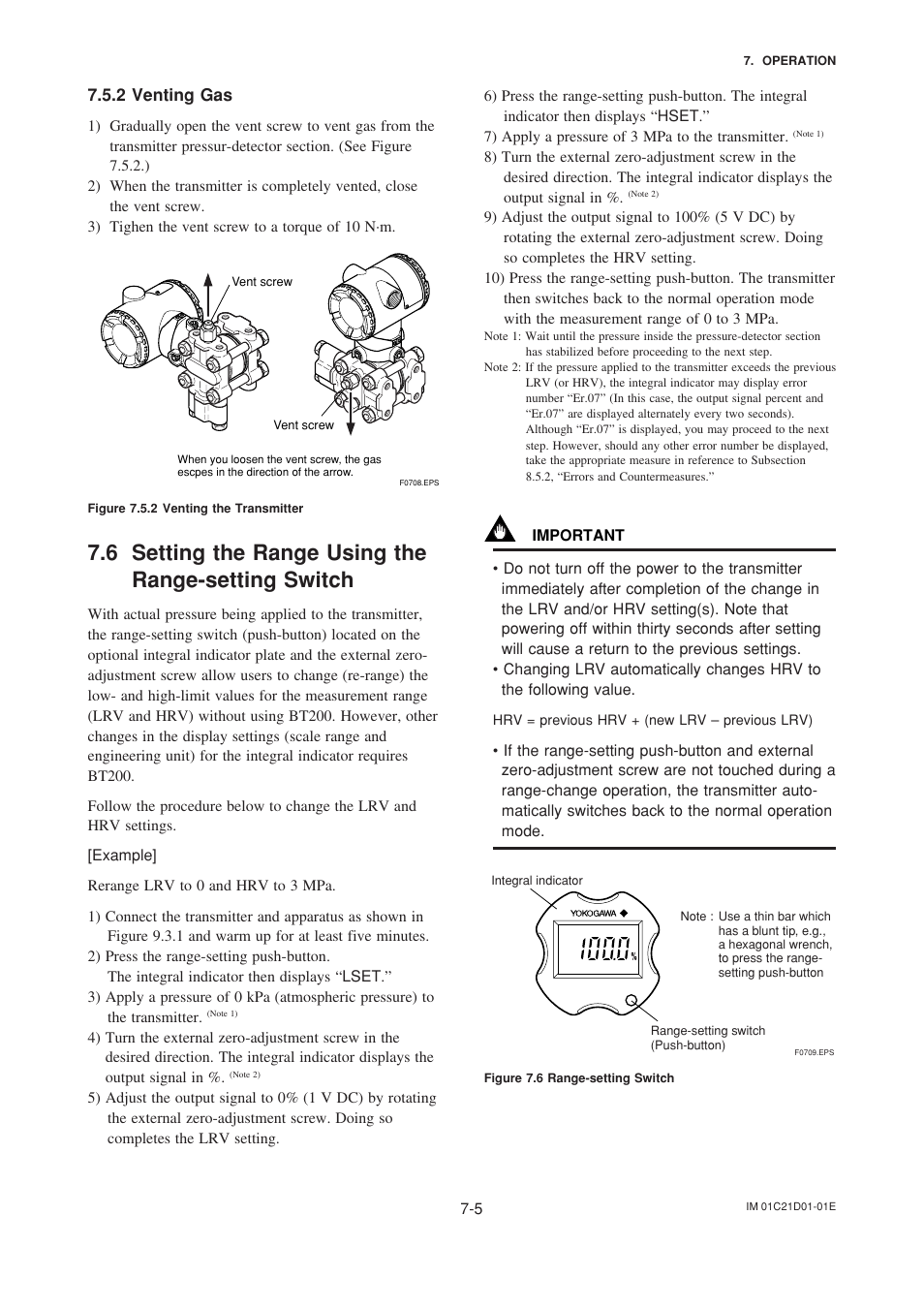 2 venting gas, 6 setting the range using the range-setting switch, Venting gas -5 | Yokogawa EJA310A User Manual | Page 33 / 78