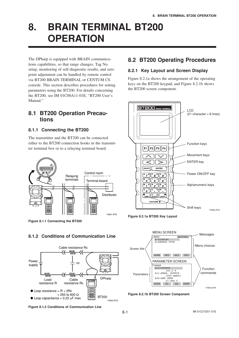 Brain terminal bt200 operation, 1 bt200 operation precautions, 1 connecting the bt200 | 2 conditions of communication line, 2 bt200 operating procedures, 1 key layout and screen display, Brain terminal bt200 operation -1, Bt200 operation precautions -1, Connecting the bt200 -1, Conditions of communication line -1 | Yokogawa EJA310A User Manual | Page 34 / 78
