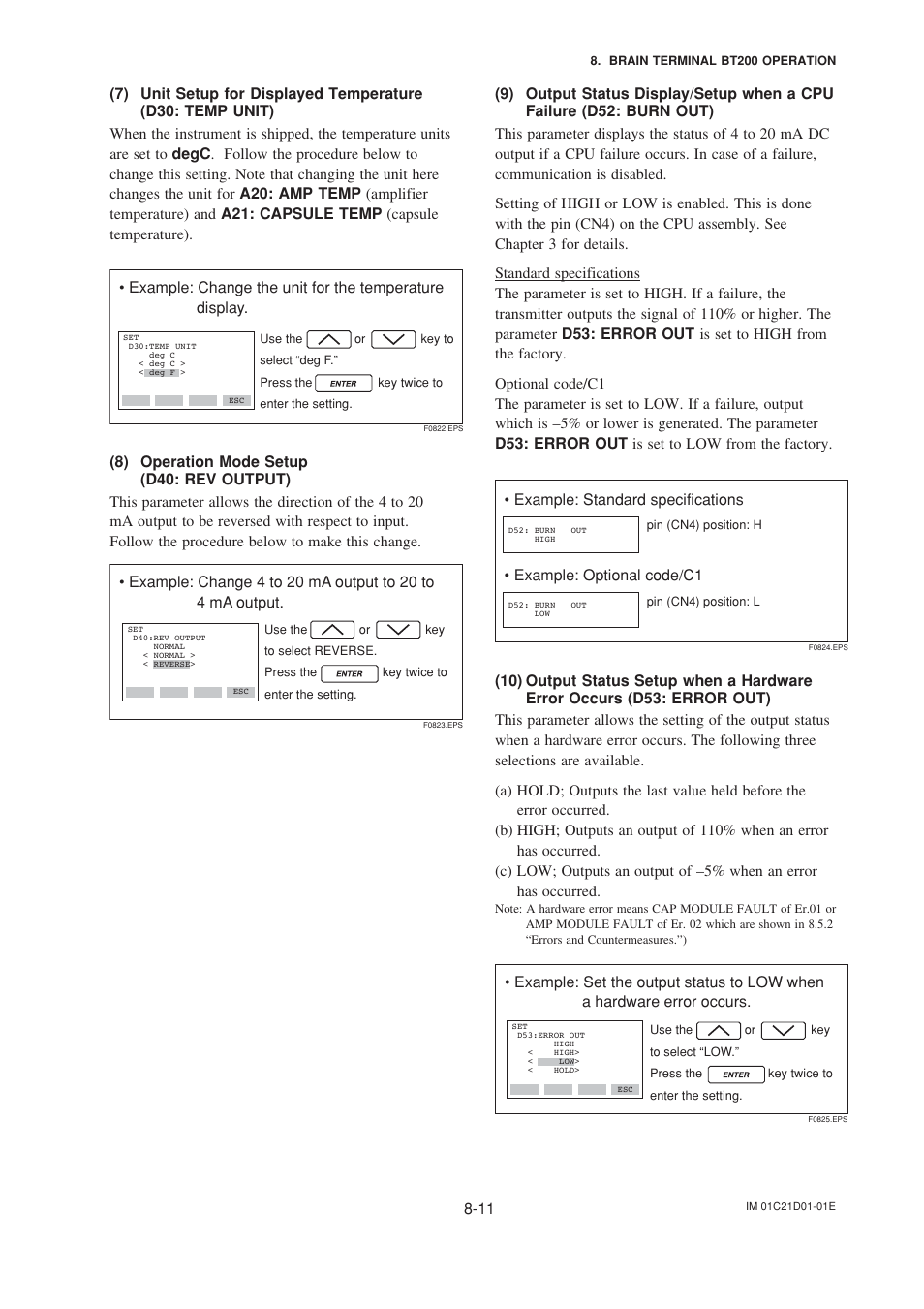 7) unit setup for displayed temperature, 8) operation mode setup, 9) output status display/setup when a cpu failure | Yokogawa EJA310A User Manual | Page 44 / 78