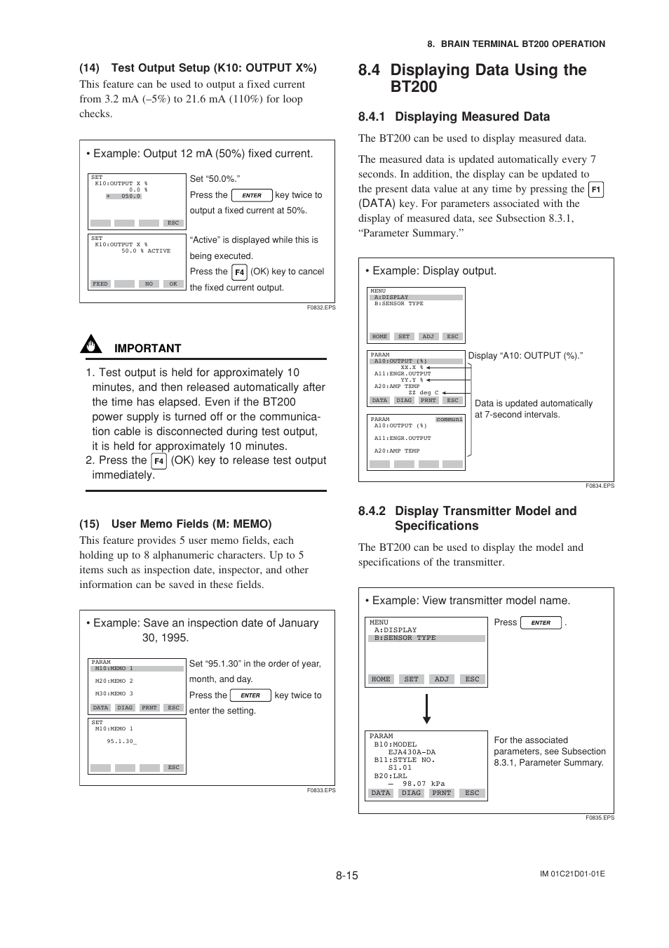 14) test output setup, 15) user memo fields, 4 displaying data using the bt200 | 1 displaying measured data, 2 display transmitter model and specifications, 14)test output setup -15 (15)user memo fields -15, Displaying data using the bt200 -15, Displaying measured data -15, Display transmitter model and specifications -15 | Yokogawa EJA310A User Manual | Page 48 / 78