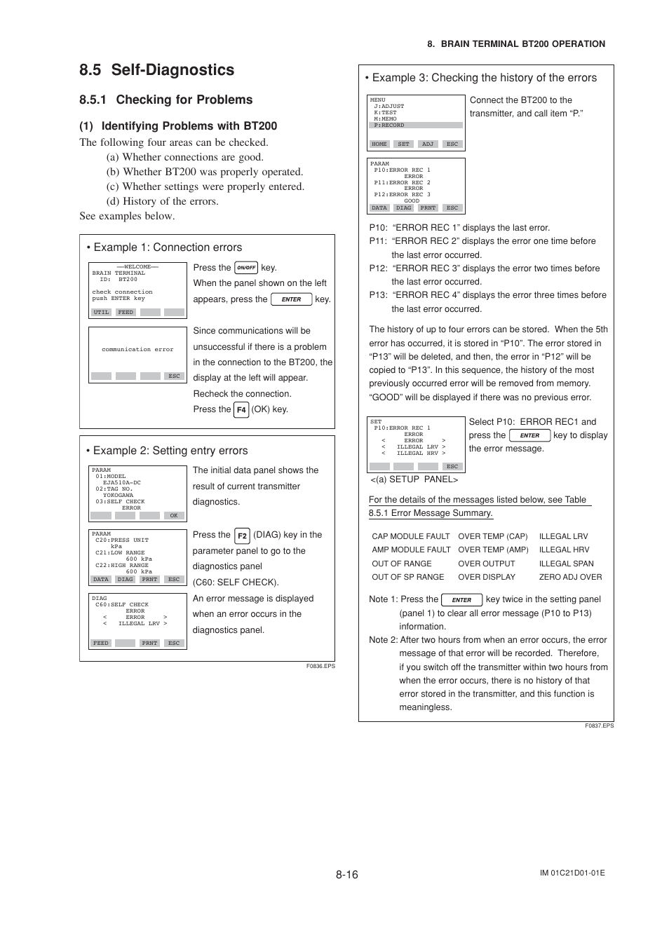 5 self-diagnostics, 1 checking for problems, 1) identifying problems with bt200 | Self-diagnostics -16, Checking for problems -16, 1) identifying problems with bt200 -16, Example 2: setting entry errors, Example 3: checking the history of the errors | Yokogawa EJA310A User Manual | Page 49 / 78