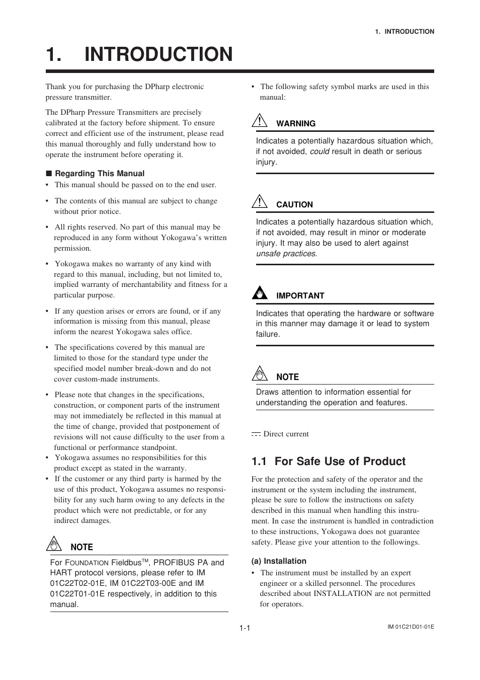Introduction, Regarding this manual, 1 for safe use of product | Introduction -1 | Yokogawa EJA310A User Manual | Page 5 / 78
