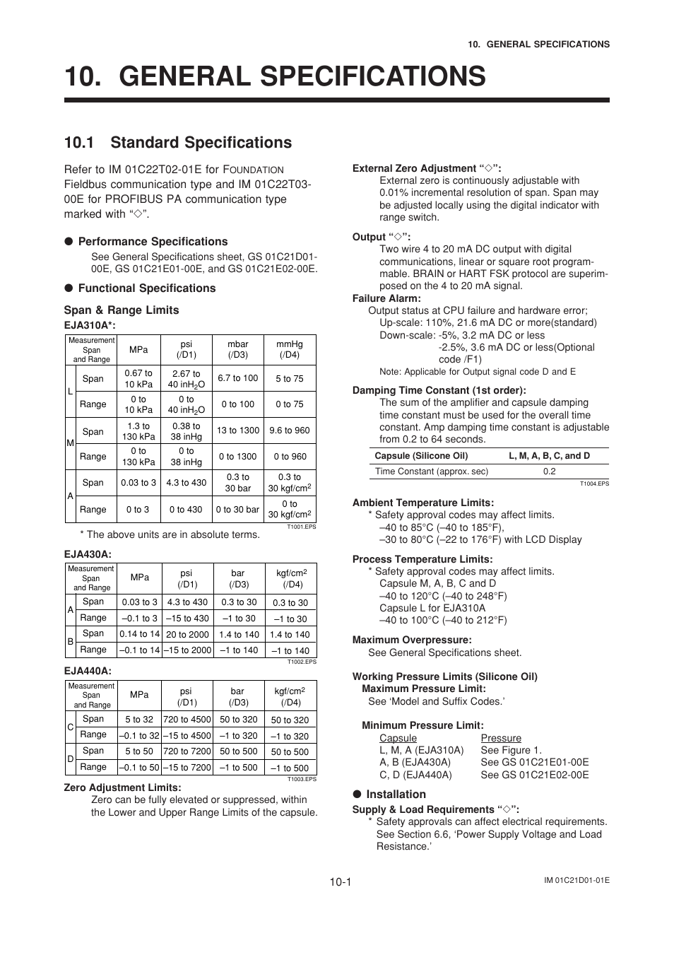 General specifications, 1 standard specifications, General specifications -1 | 1 standard specifications -1 | Yokogawa EJA310A User Manual | Page 60 / 78