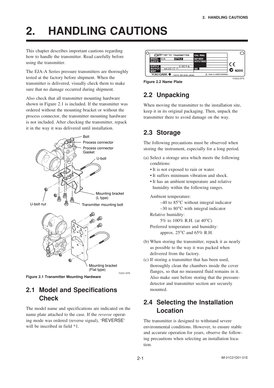 Handling cautions, 1 model and specifications check, 2 unpacking | 3 storage, 4 selecting the installation location, Handling cautions -1, Model and specifications check -1, Unpacking -1, Storage -1, Selecting the installation location -1 | Yokogawa EJA310A User Manual | Page 9 / 78