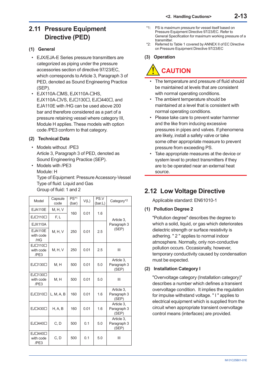 11 pressure equipment directive (ped), 12 low voltage directive, Pressure equipment directive (ped) -13 | Low voltage directive -13, Caution | Yokogawa EJA310E User Manual | Page 21 / 85