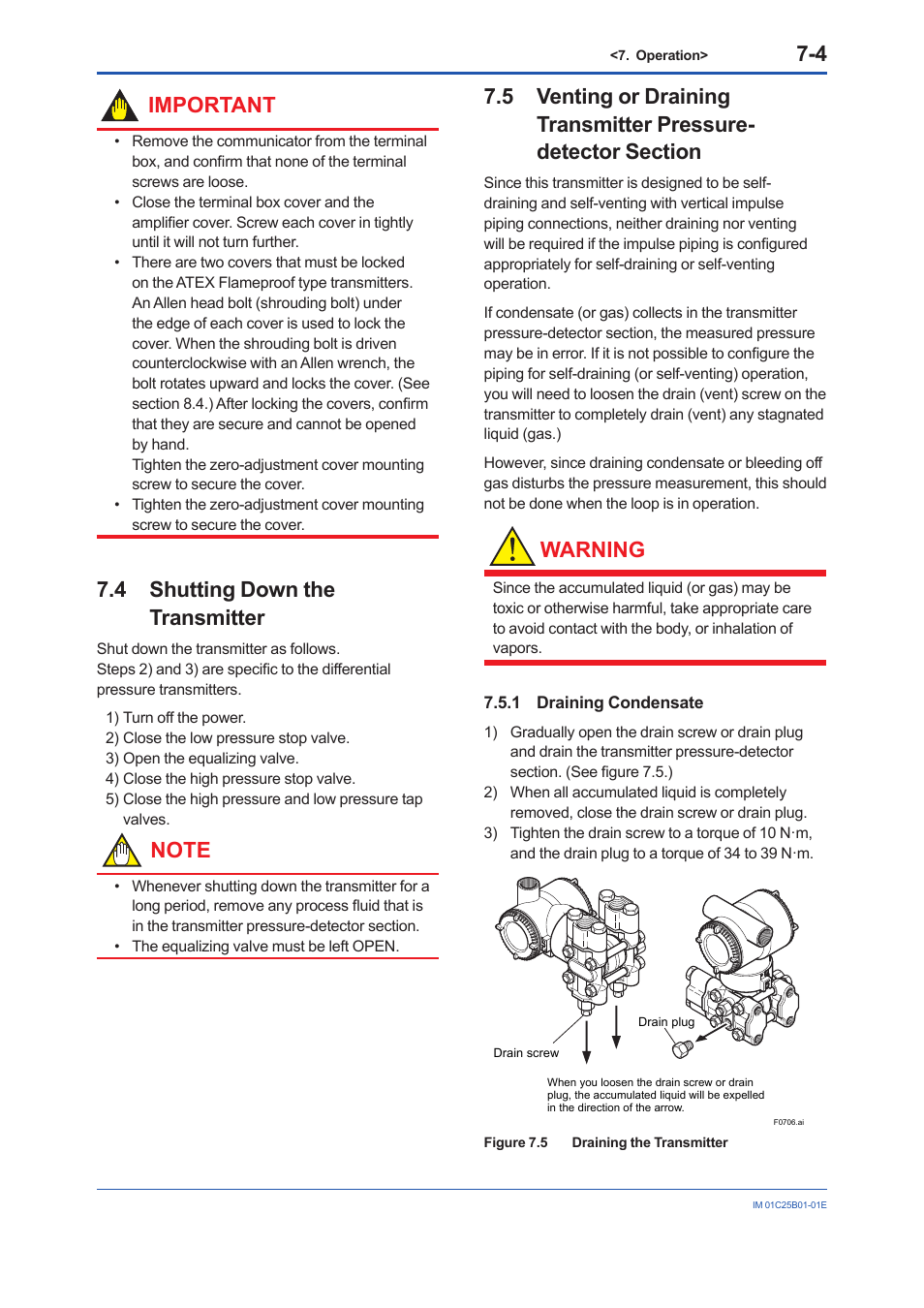 4 shutting down the transmitter, 1 draining condensate, Shutting down the transmitter -4 | Draining condensate -4, Important, Warning | Yokogawa EJA310E User Manual | Page 37 / 85