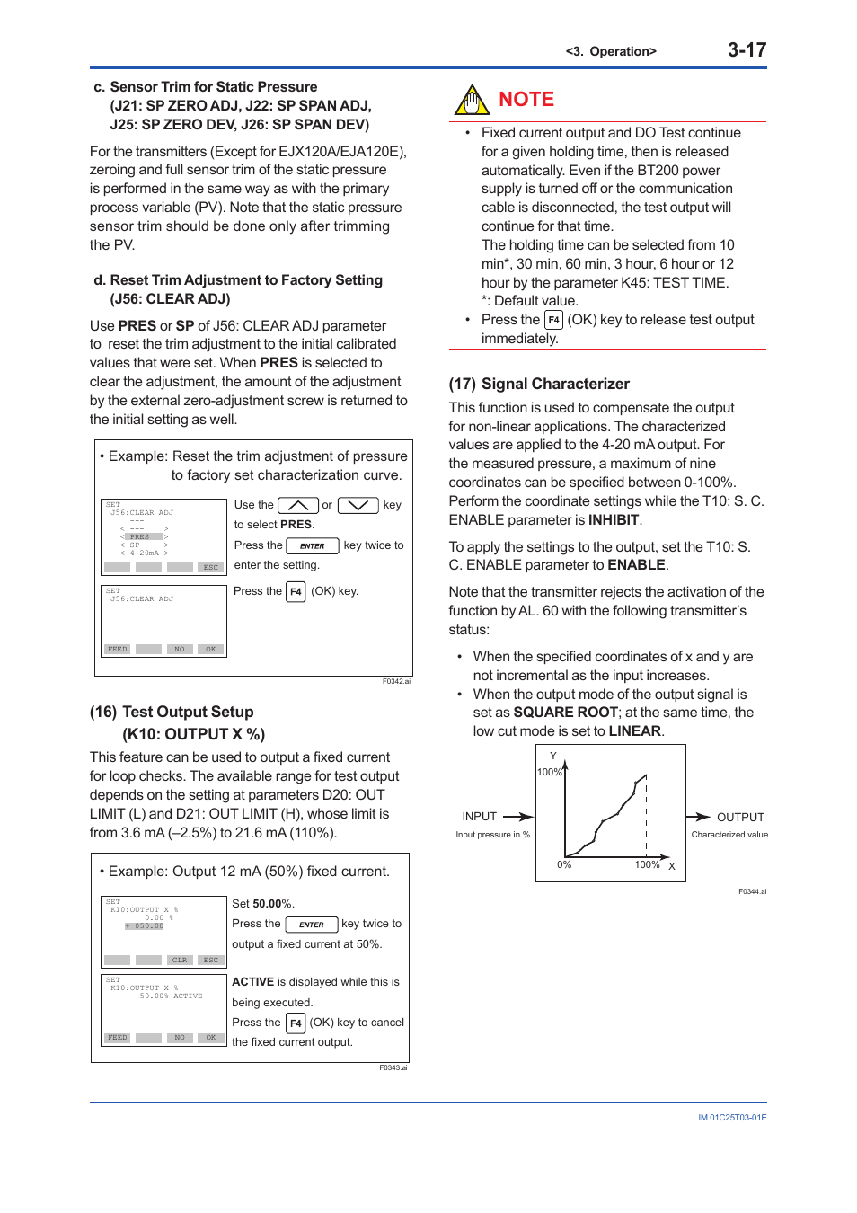 16) test output setup, 17) signal characterizer, 16) test output setup (k10: output x %) | Yokogawa EJA440E User Manual | Page 25 / 41