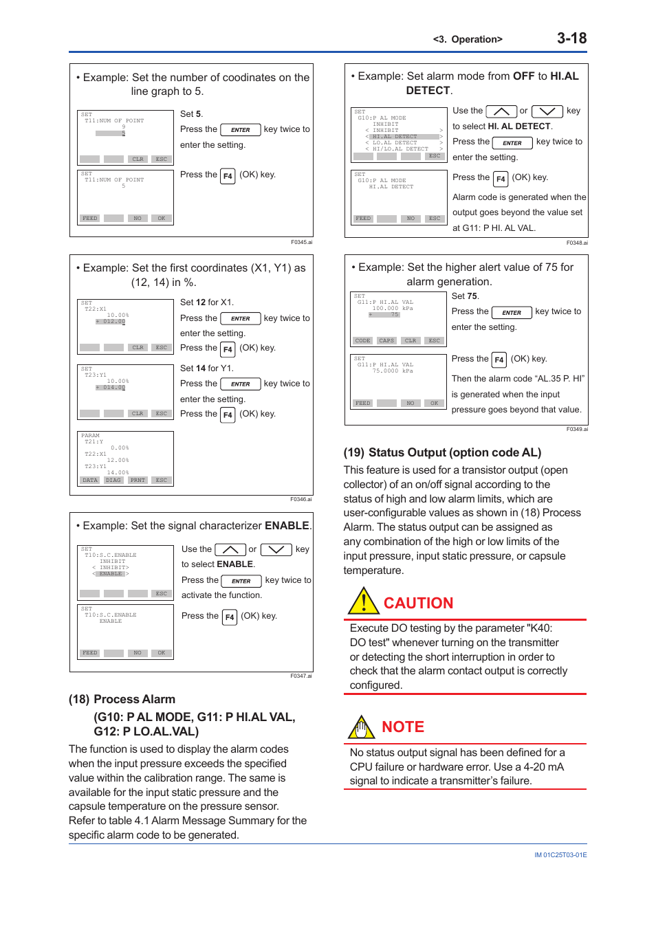 18) process alarm, 19) status output (option code al), Caution | Example: set the signal characterizer enable | Yokogawa EJA440E User Manual | Page 26 / 41