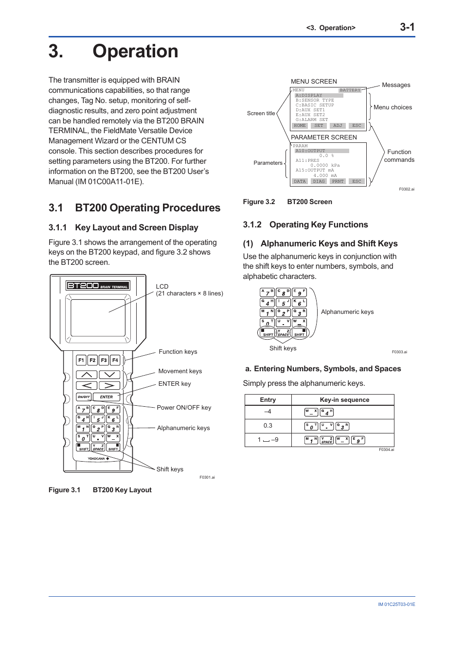 Operation, 1 bt200 operating procedures, 1 key layout and screen display | 2 operating key functions, 1) alphanumeric keys and shift keys, Operation -1, Bt200 operating procedures -1 3.1.1, Key layout and screen display -1 | Yokogawa EJA440E User Manual | Page 9 / 41