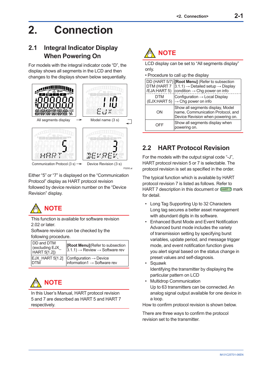 Connection, 1 integral indicator display when powering on, 2 hart protocol revision | Connection -1, Integral indicator display when powering on -1, Hart protocol revision -1 | Yokogawa EJA440E User Manual | Page 10 / 96