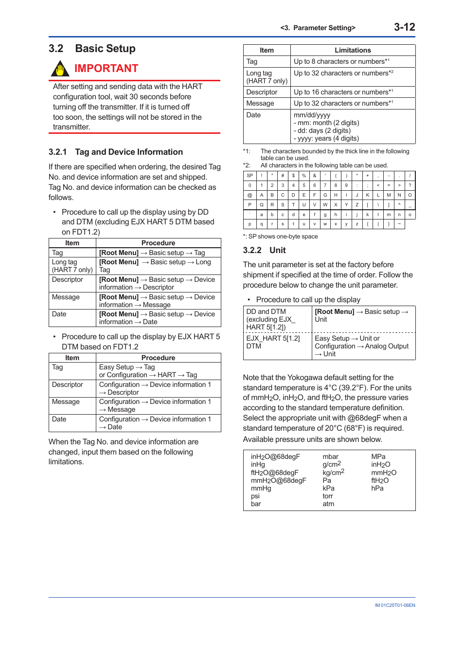 2 basic setup, 1 tag and device information, 2 unit | Basic setup -12 3.2.1, Tag and device information -12, Unit -12, 2 basic setup important, O, inh, O, and fth | Yokogawa EJA440E User Manual | Page 25 / 96