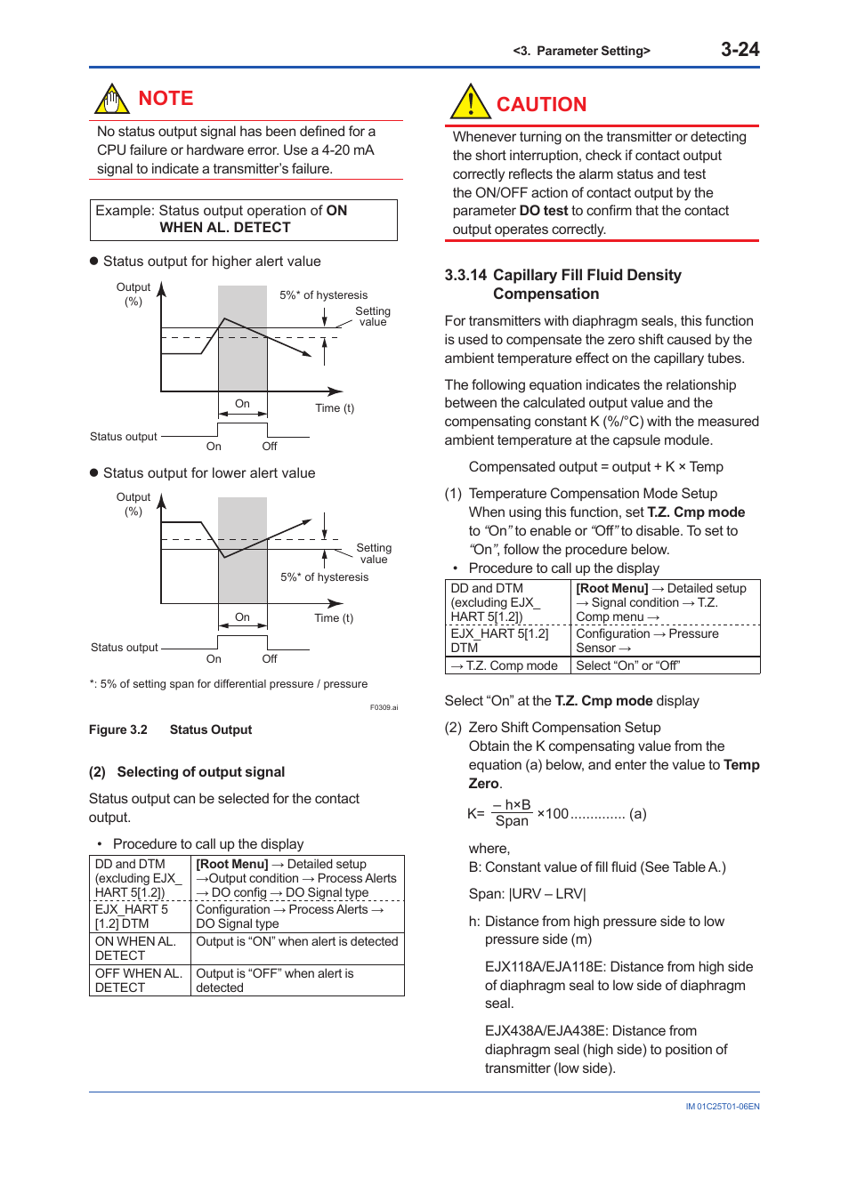 14 capillary fill fluid density compensation, Capillary fill fluid density compensation -24, Caution | Yokogawa EJA440E User Manual | Page 37 / 96