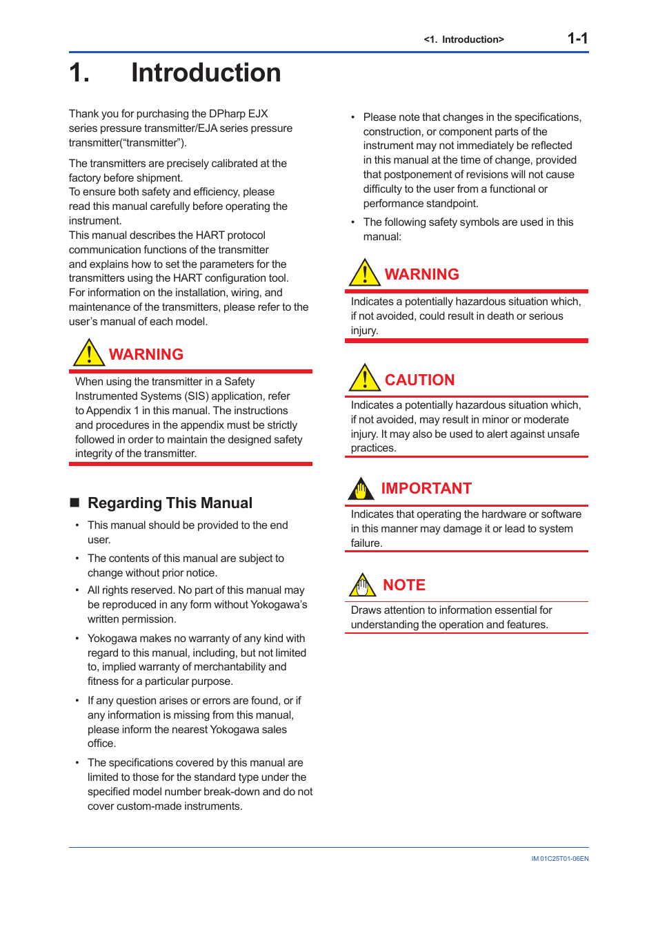 Introduction, Regarding this manual, Introduction -1 | Regarding this manual -1, Warning, Caution, Important | Yokogawa EJA440E User Manual | Page 5 / 96