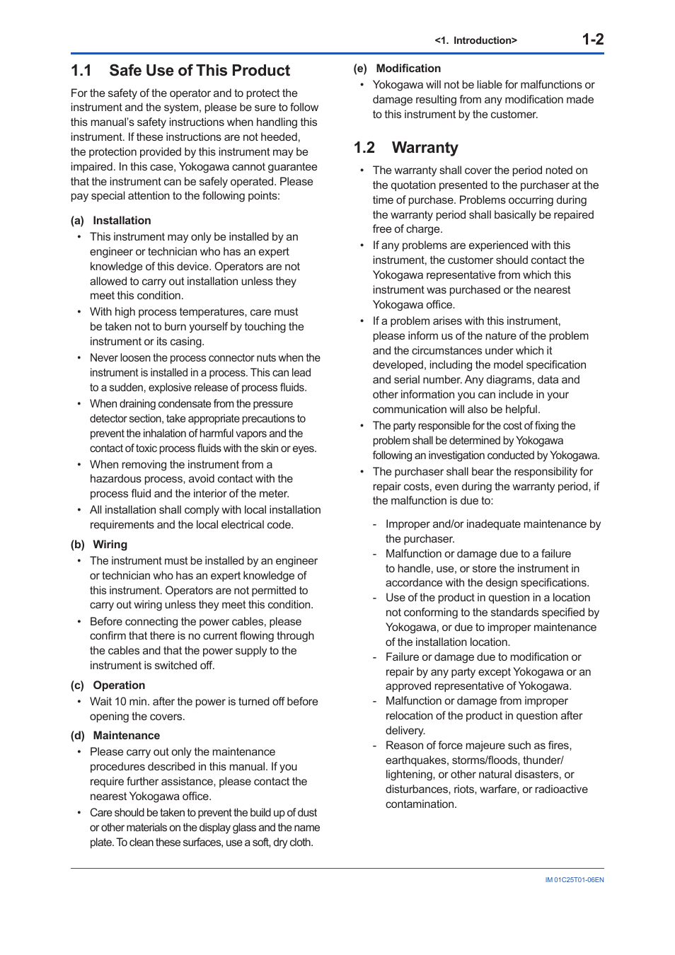 1 safe use of this product, 2 warranty, Safe use of this product -2 | Warranty -2 | Yokogawa EJA440E User Manual | Page 6 / 96