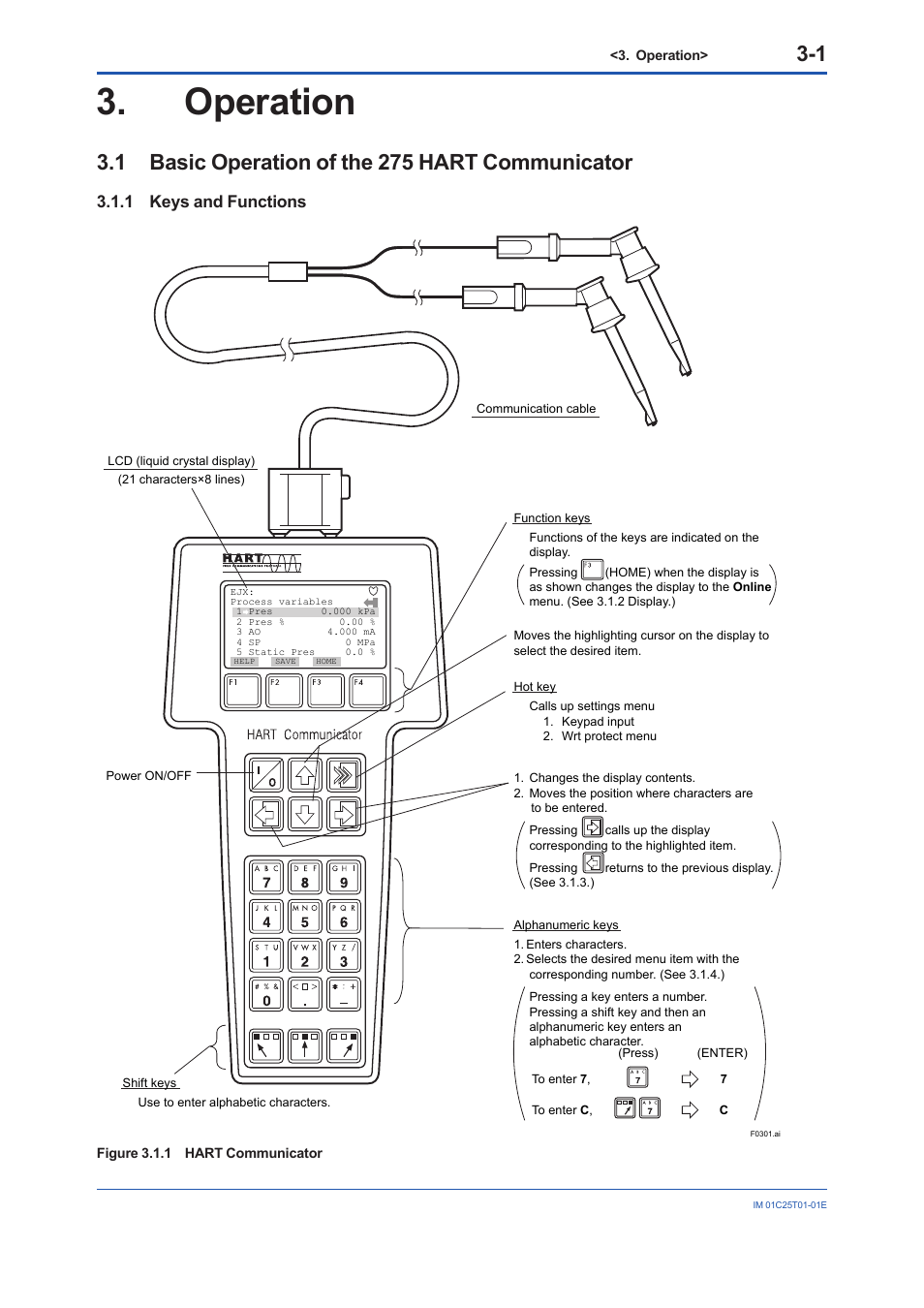 Operation, 1 basic operation of the 275 hart communicator, 1 keys and functions | Operation -1, Keys and functions -1 | Yokogawa EJX440A User Manual | Page 11 / 76