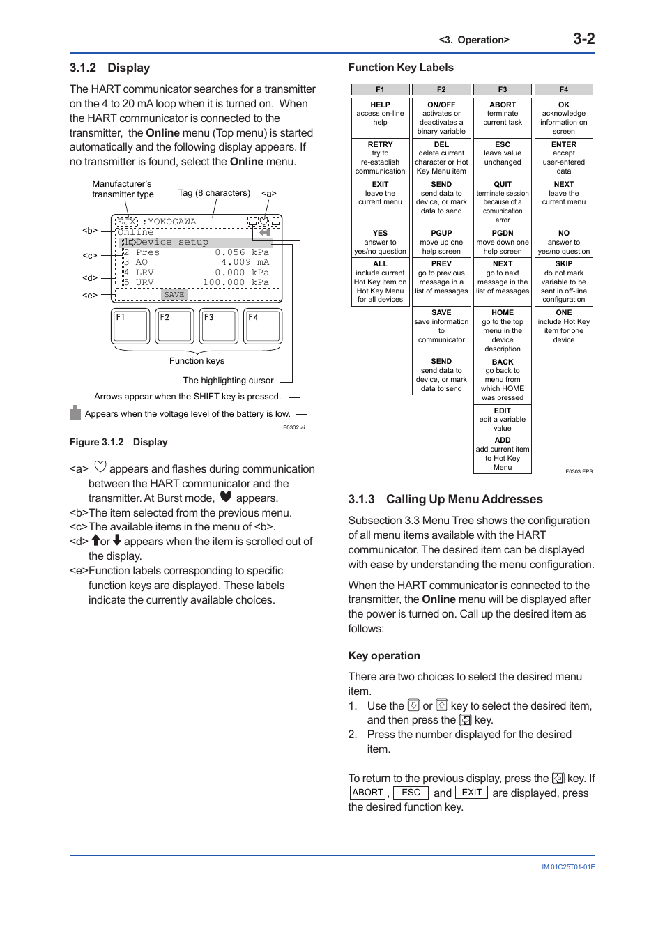 2 display, 3 calling up menu addresses, Display -2 | Calling up menu addresses -2, Are displayed, press the desired function key | Yokogawa EJX440A User Manual | Page 12 / 76