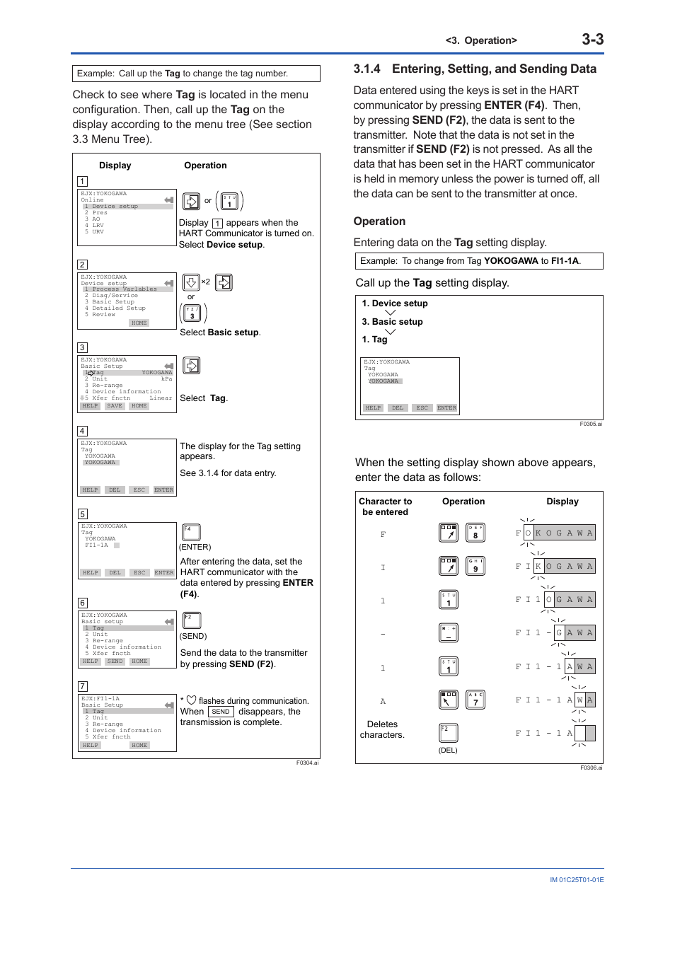 4 entering, setting, and sending data, Entering, setting, and sending data -3, Call up the tag setting display | Yokogawa EJX440A User Manual | Page 13 / 76