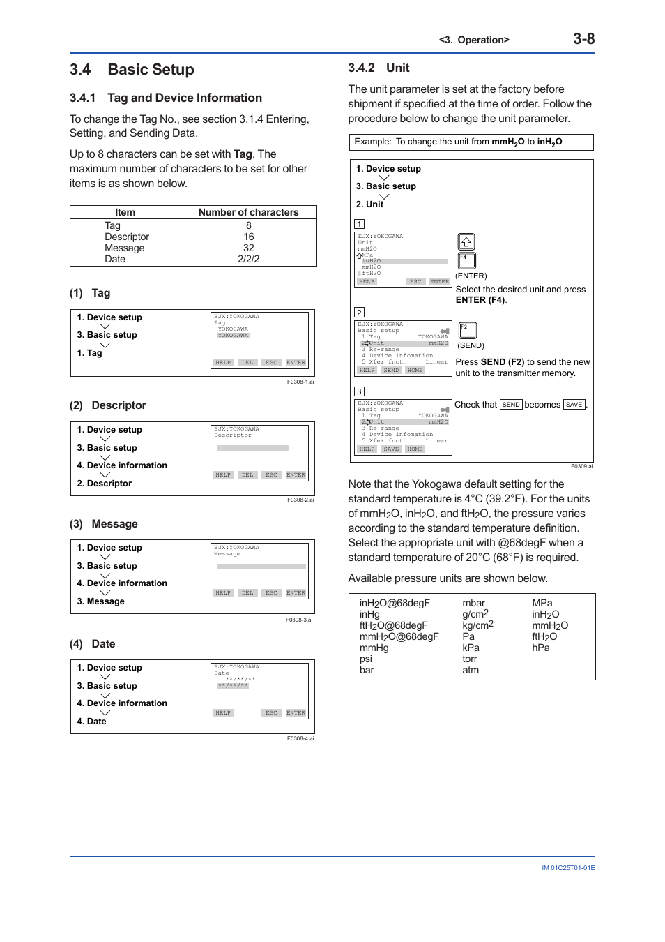 4 basic setup, 1 tag and device information, 2 unit | Basic setup -8 3.4.1, Tag and device information -8, Unit -8, 1) tag, 2) descriptor, 3) message, 4) date | Yokogawa EJX440A User Manual | Page 18 / 76