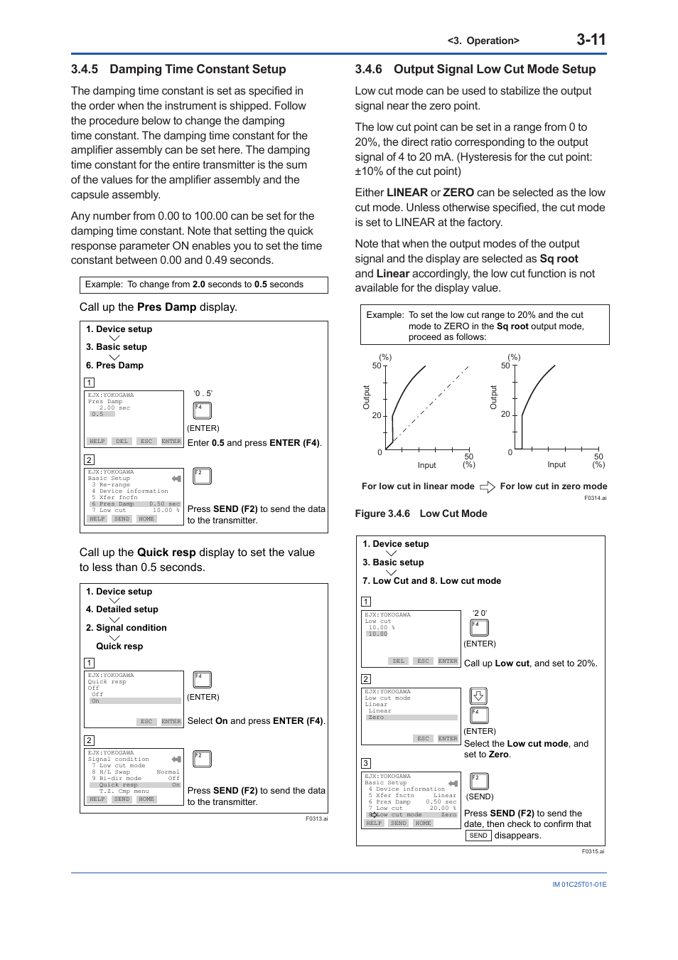 5 damping time constant setup, 6 output signal low cut mode setup, Damping time constant setup -11 | Output signal low cut mode setup -11, Call up the pres damp display | Yokogawa EJX440A User Manual | Page 21 / 76