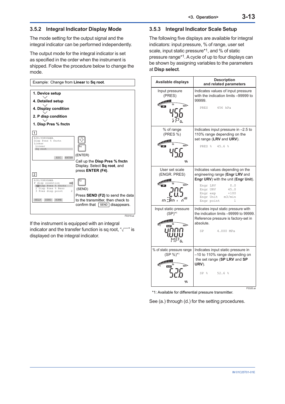 2 integral indicator display mode, 3 integral indicator scale setup, Integral indicator display mode -13 | Integral indicator scale setup -13, And % of static pressure range, See (a.) through (d.) for the setting procedures | Yokogawa EJX440A User Manual | Page 23 / 76