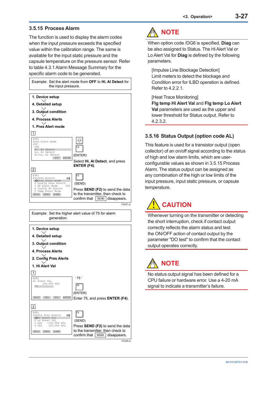 15 process alarm, 16 status output (option code al), Process alarm -27 | Status output (option code al) -27, Caution | Yokogawa EJX440A User Manual | Page 37 / 76