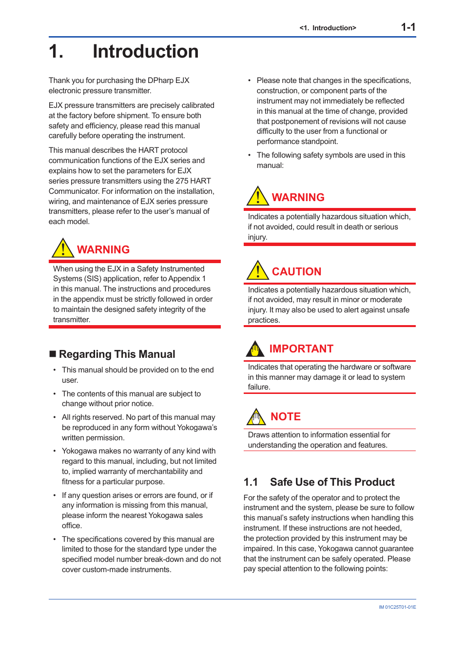 Introduction, Regarding this manual, 1 safe use of this product | Introduction -1, Regarding this manual -1, Safe use of this product -1, Warning, Caution, Important | Yokogawa EJX440A User Manual | Page 6 / 76