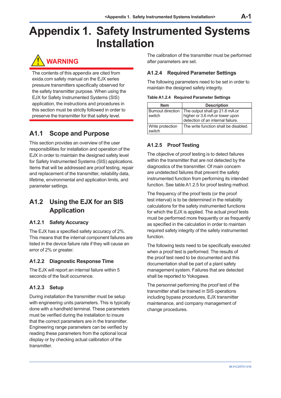 A1.1 scope and purpose, A1.2 using the ejx for an sis application, A1.2.1 safety accuracy | A1.2.2 diagnostic response time, A1.2.3 setup, A1.2.4 required parameter settings, A1.2.5 proof testing, A1.1, A1.2, A1.2.2 | Yokogawa EJX440A User Manual | Page 67 / 76