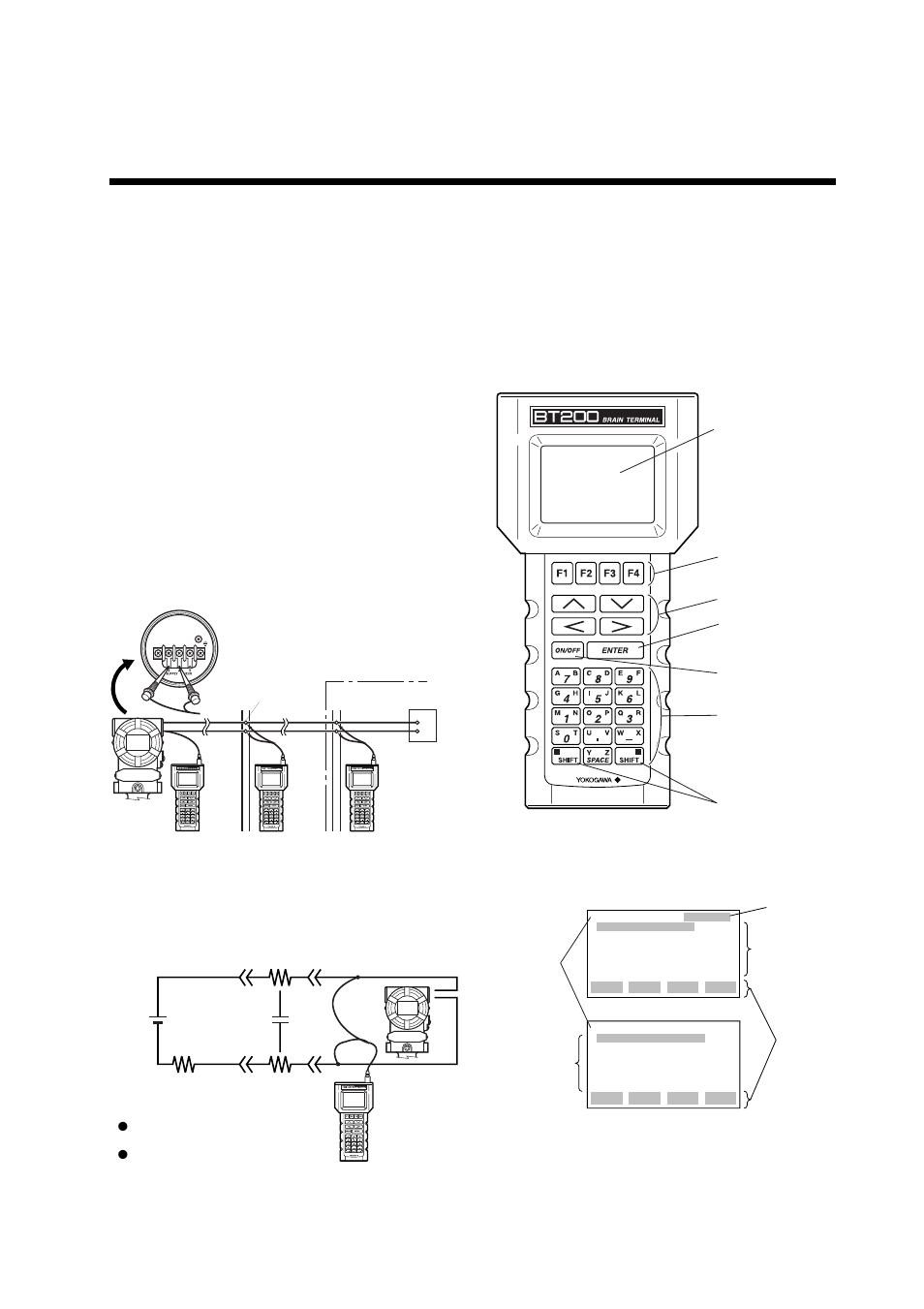 Brain terminal bt200 operation operation, 1 bt200 operation precautions, 1 connecting the bt200 | 2 conditions of communication line, 2 bt200 operating procedures, 1 key layout and screen display, Brain terminal bt200 operation, 1 bt200 operation precau- tions | Yokogawa EJA438 User Manual | Page 30 / 72