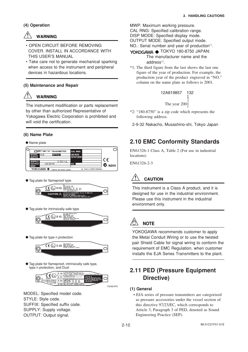 10 emc conformity standards, 11 ped (pressure equipment directive) | Yokogawa EJA530A User Manual | Page 18 / 67