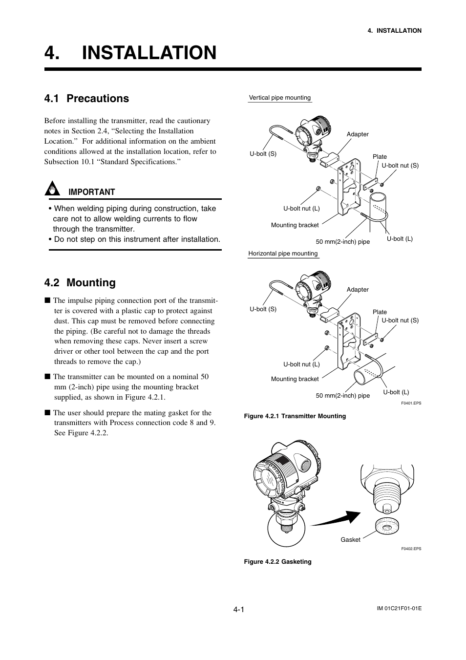 Installation, 1 precautions, 2 mounting | Installation -1, Precautions -1, Mounting -1 | Yokogawa EJA530A User Manual | Page 21 / 67