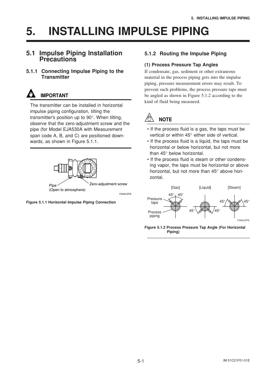 Installing impulse piping, 1 impulse piping installation precautions, 1 connecting impulse piping to the transmitter | 2 routing the impulse piping, Installing impulse piping -1, Impulse piping installation precautions -1, Connecting impulse piping to the transmitter -1, Routing the impulse piping -1 | Yokogawa EJA530A User Manual | Page 23 / 67