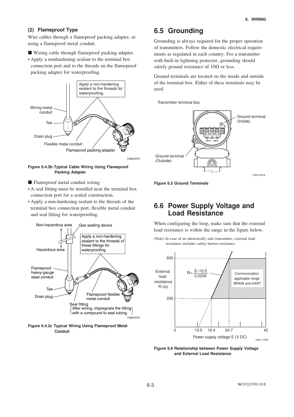 2) flameproof type, 5 grounding, 6 power supply voltage and load resistance | 2) flameproof type -3, Grounding -3, Power supply voltage and load resistance -3 | Yokogawa EJA530A User Manual | Page 27 / 67