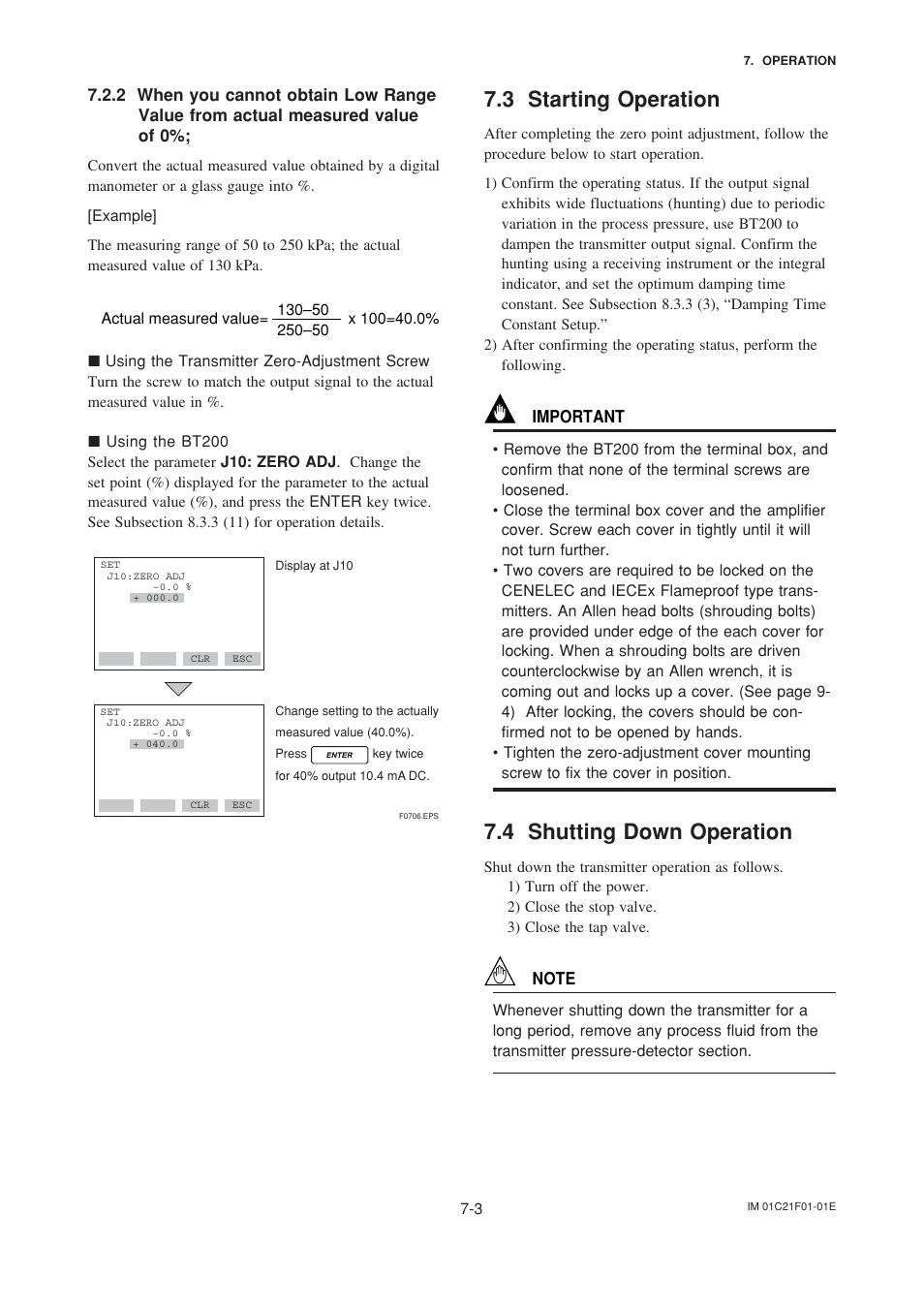 3 starting operation, 4 shutting down operation, Measured value of 0%; -3 | Starting operation -3, Shutting down operation -3 | Yokogawa EJA530A User Manual | Page 30 / 67