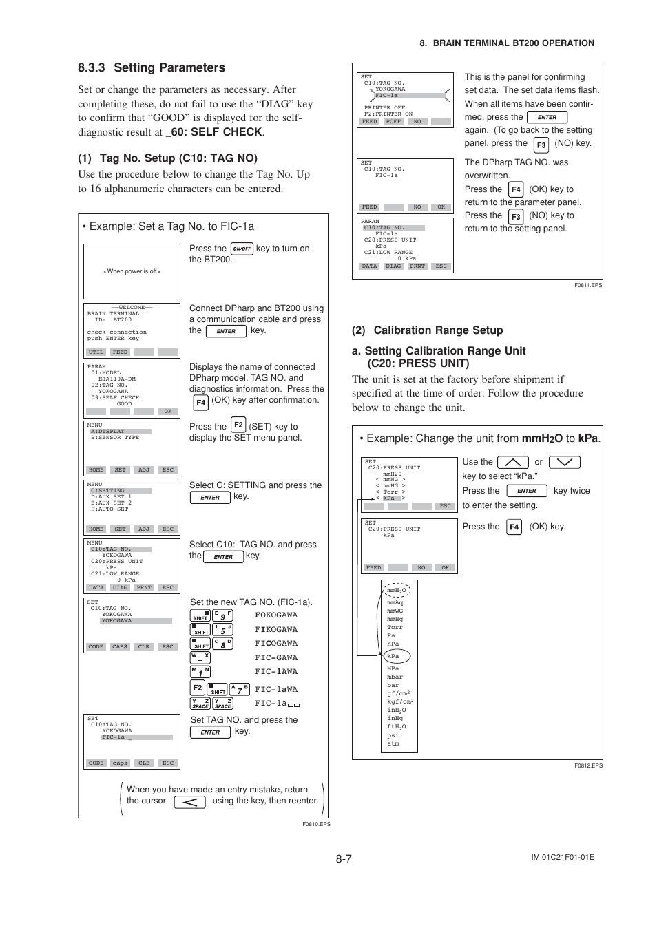 3 setting parameters, 1) tag no. setup (c10: tag no) set, 2) calibration range setup | Setting parameters -7, 1) tag no. setup -7 (2) calibration range setup -7, Example: set a tag no. to fic-1a, Example: change the unit from mmh, O to kpa | Yokogawa EJA530A User Manual | Page 38 / 67