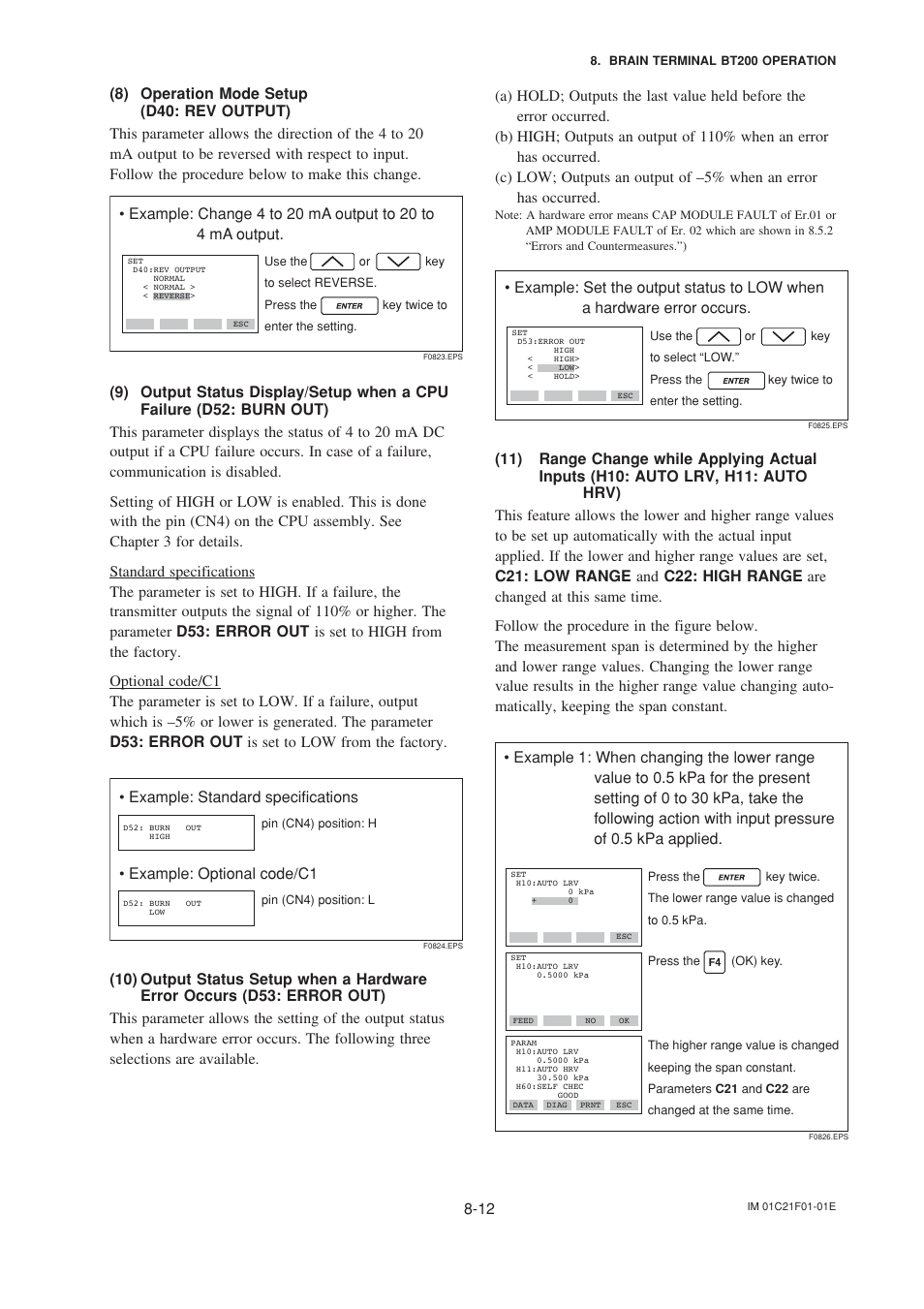 8) operation mode setup, 9) output status display/setup when a cpu failure, 11) range change while applying actual inputs | Example: optional code/c1 | Yokogawa EJA530A User Manual | Page 43 / 67