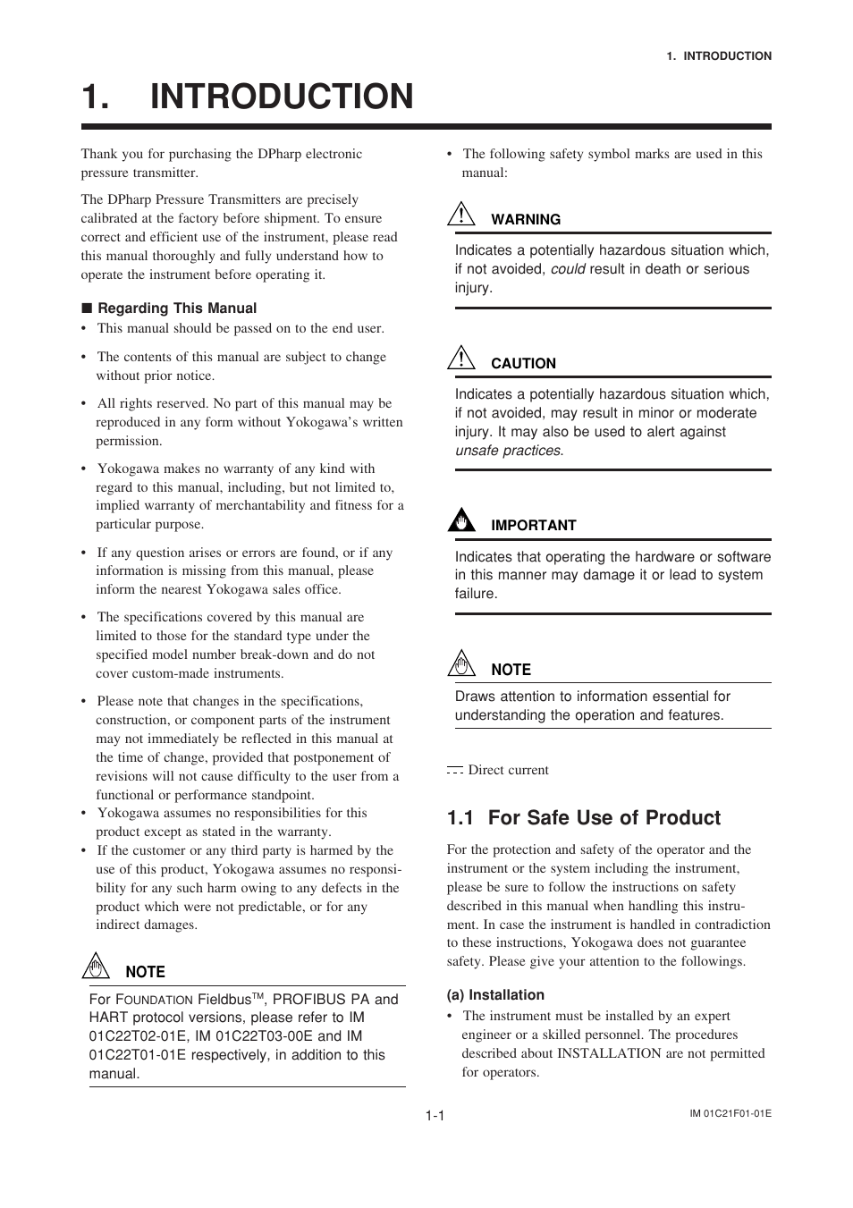 Introduction, Regarding this manual, 1 for safe use of product | Introduction -1 | Yokogawa EJA530A User Manual | Page 5 / 67